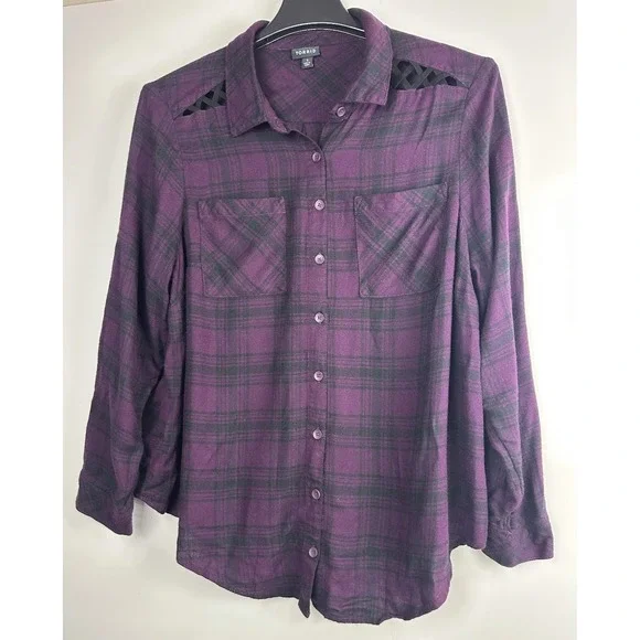 Torrid Purple Black Plaid Button Front Shirt Lattice Shoulder Top Plus Size 1 1X - Picture 9 of 9